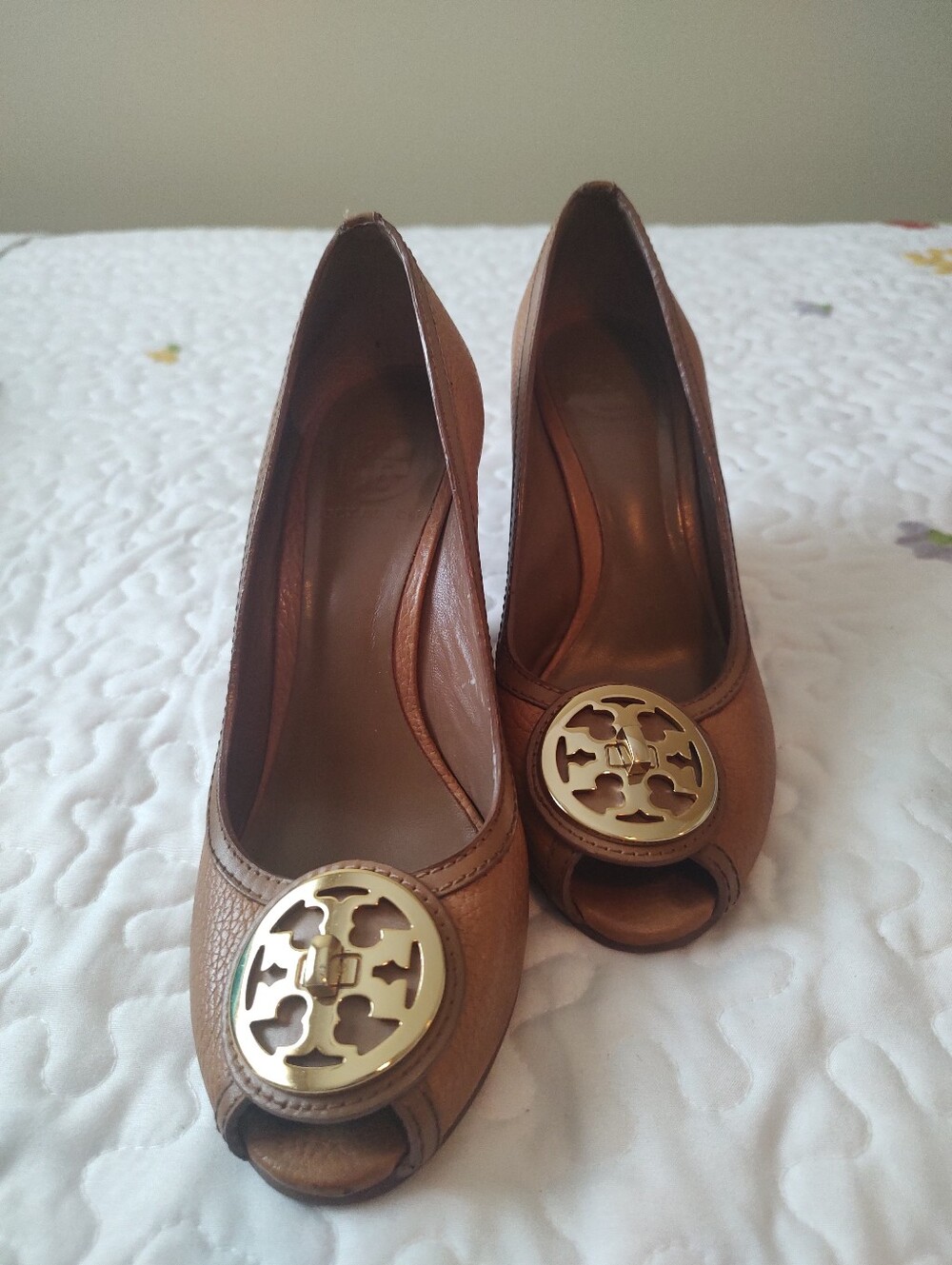 Tory Burch Brown Leather Peep-Toe Heels with Gold Medallion